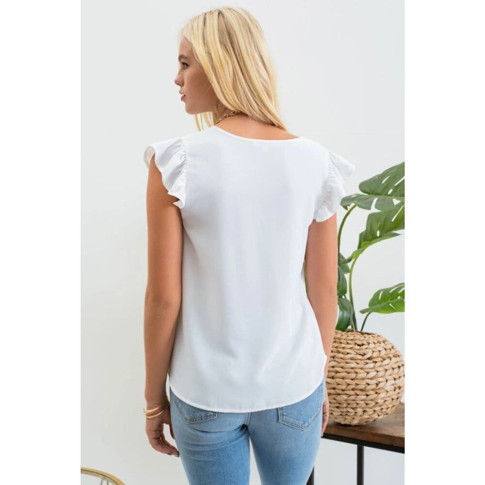 Split Neck Ruffle Sleeve Blouse - Picture 2 of 5